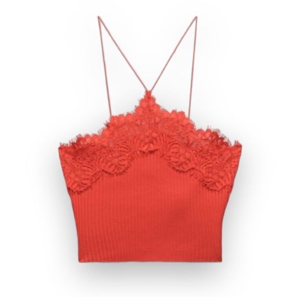 Zara Intense Red Lace Ribbed Halter Crop Top US Small - Picture 2 of 5